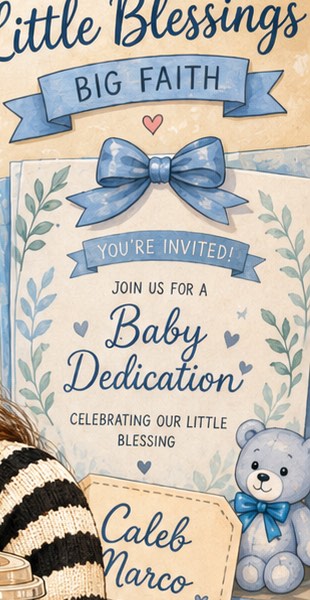 Illustrated dedication invitation reading You're invited, Join us for a Baby Dedication, Celebrating our little blessing, with a name tag reading Caleb Marco.