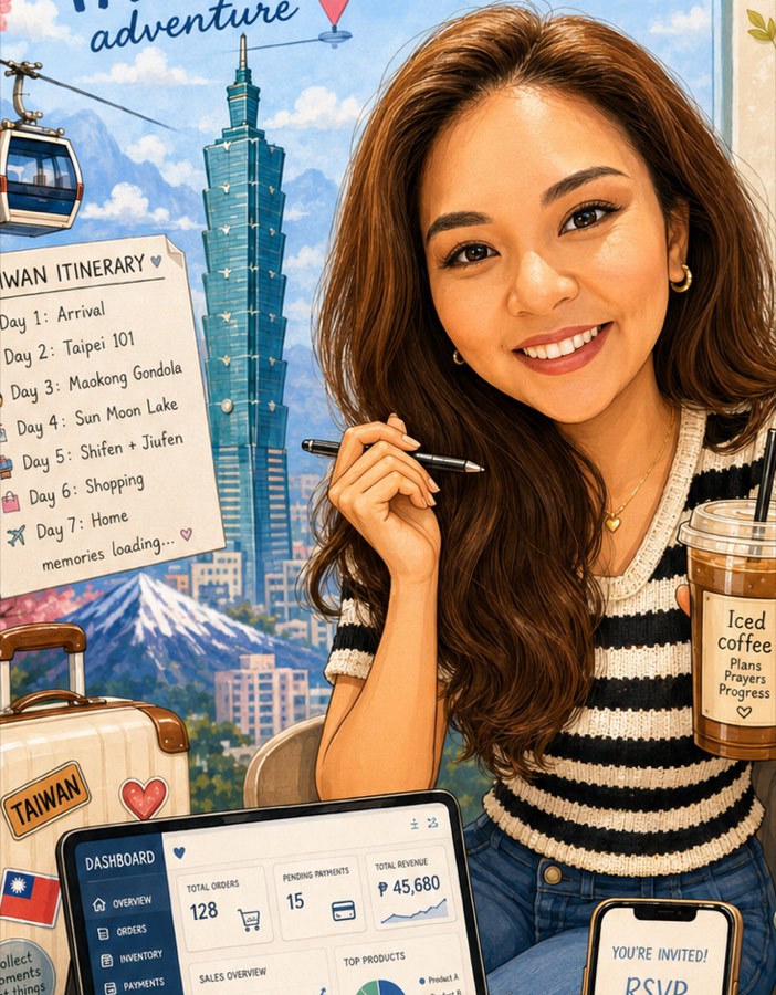 Illustrated scene of Ivy Joyce Viardo at her desk. A tablet shows an operations dashboard with total orders, pending payments, revenue, a sales chart and a product breakdown; a phone beside it shows an RSVP invitation.